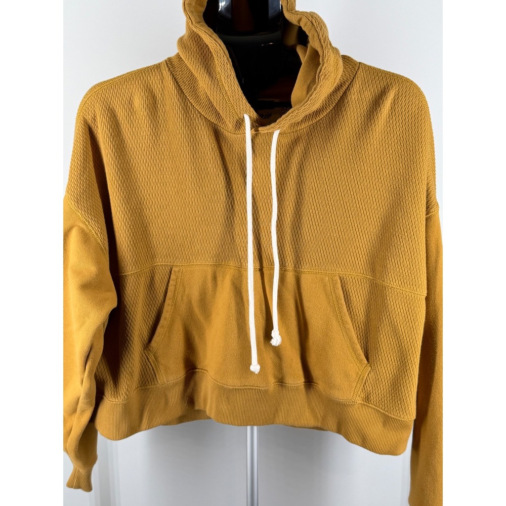 Aerie Mustard Yellow Cropped Textured Waffle Knit Hoodie Sweatshirt Womens M - Picture 2 of 7